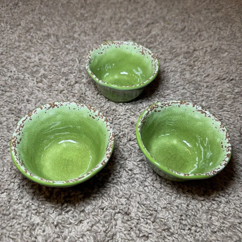 Pier 1 Imports CARMELO Green Melamine Plates Bowls LOT of 9 Snack Set Crackle